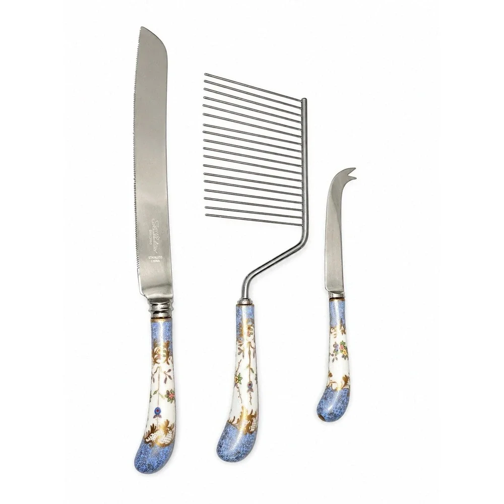 VTG Blue Gold Floraine Sheffield Cake Knife Set Stainless Floral